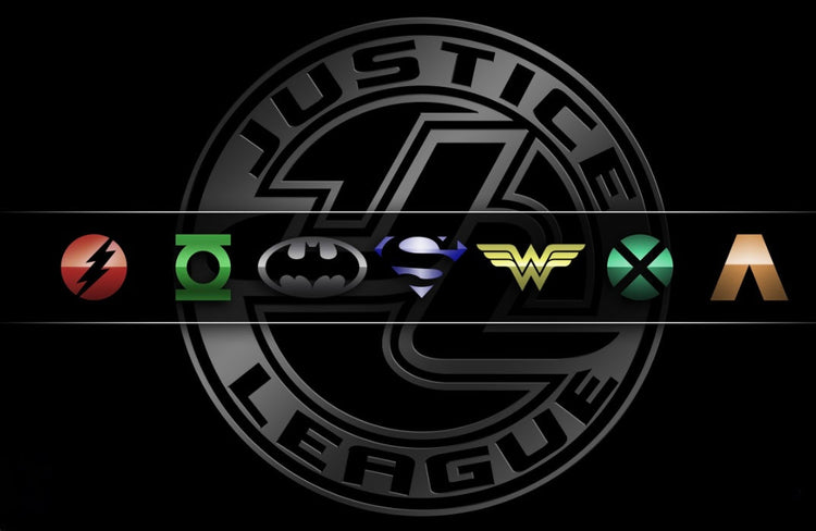 Justice League superhero symbols illustration for kids eyewear collection